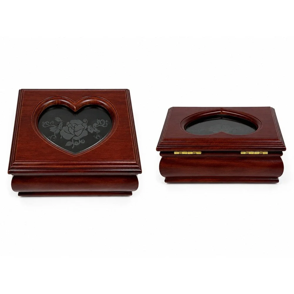 Vintage Style Cherry Wood Jewelry Box Heart Etched Rose Glass Lid Green Velvet